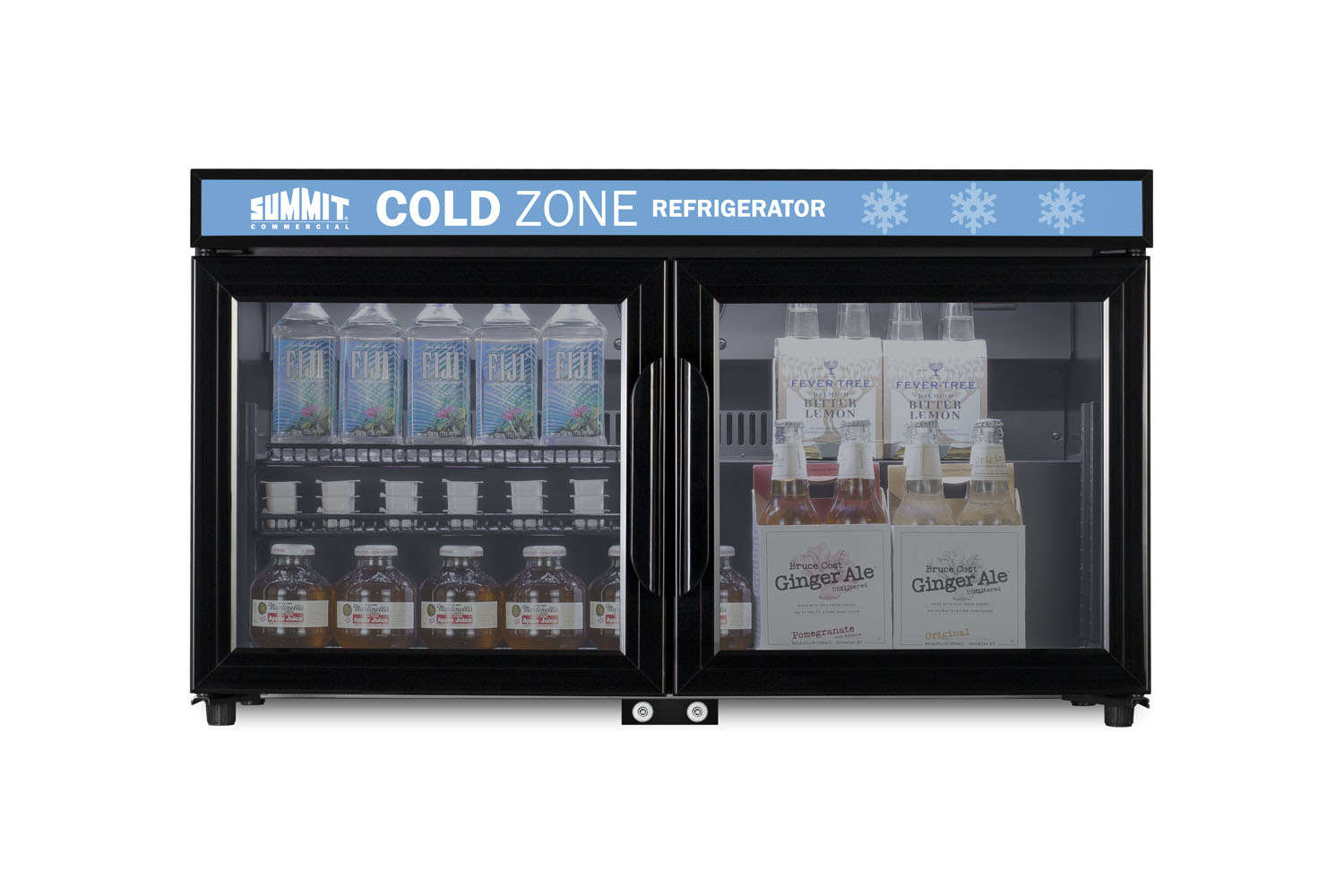 Countertop, shallow depth single-zone commercial refrigerator for freestanding use with French glass doors, black cabinet, front locks, digital controls, and LED lighting